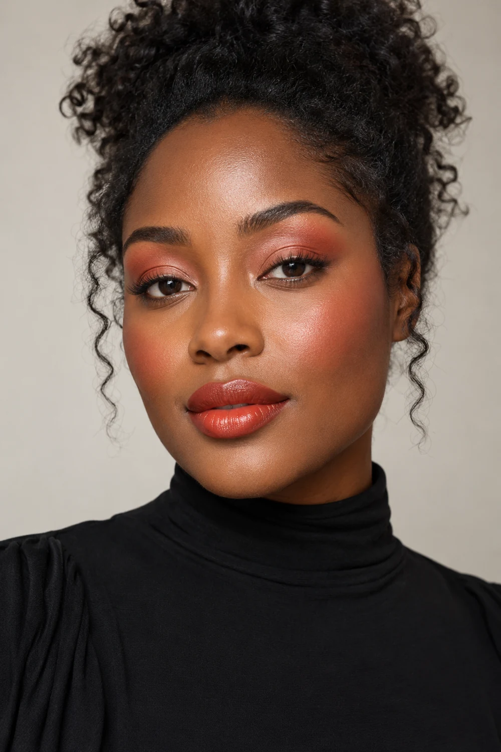 Fictional adult woman in a high-neck black dress with rounded coral shadow, brown liner, high coral blush, and orange-red lipstick.
