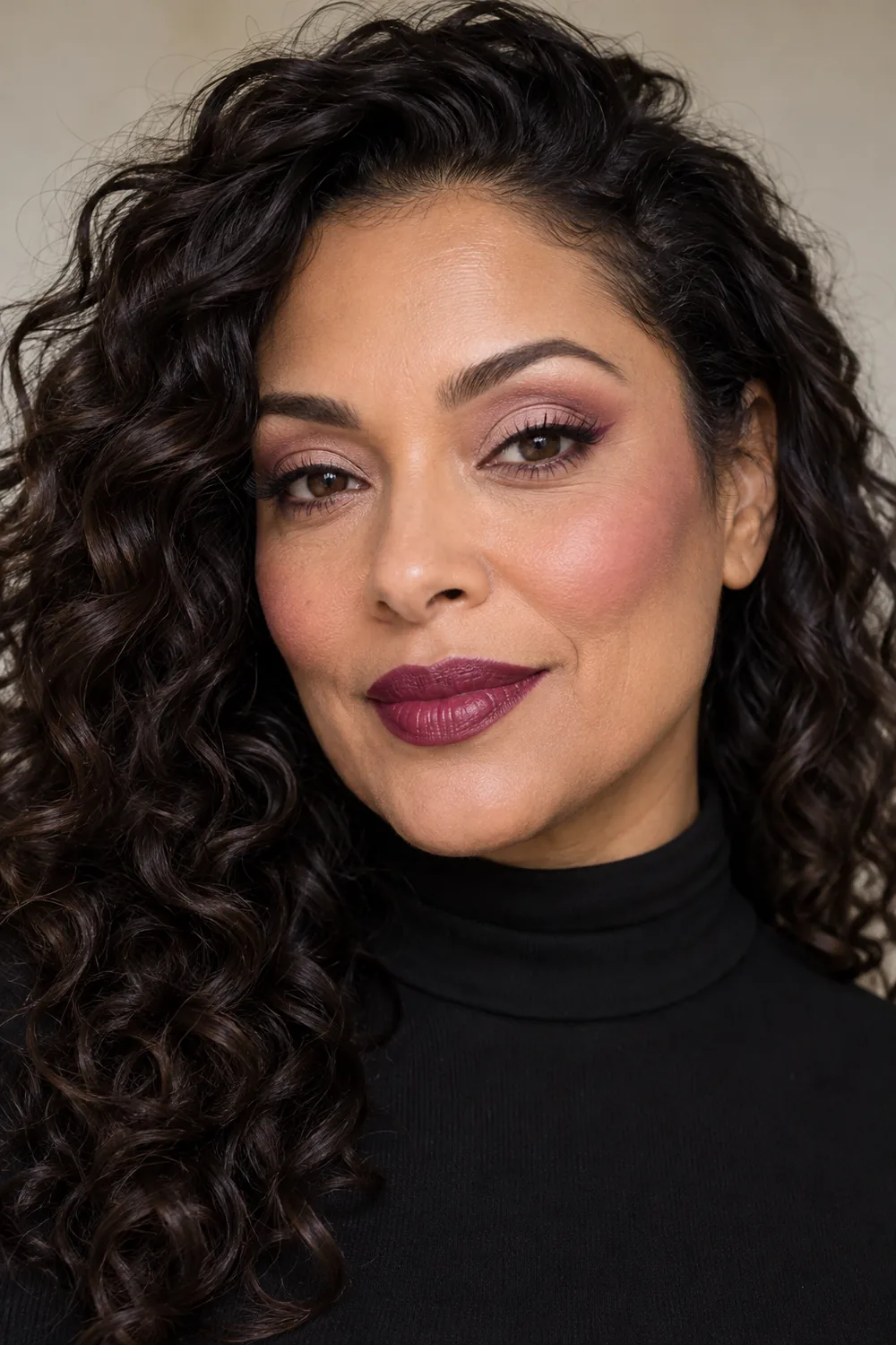 Adult woman with long dark curls wearing a high-neck black dress, dusty rose cut-crease shadow, plum liner, muted pink blush, and creamy deep berry lipstick.