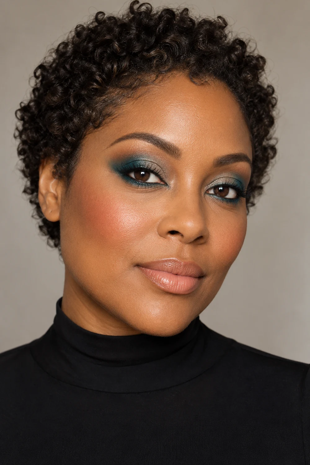 Fictional adult woman with short natural curls wearing a high-neck black dress, teal outer-lid shadow and smudged teal lower waterline, peach blush, and pale peach satin lips.