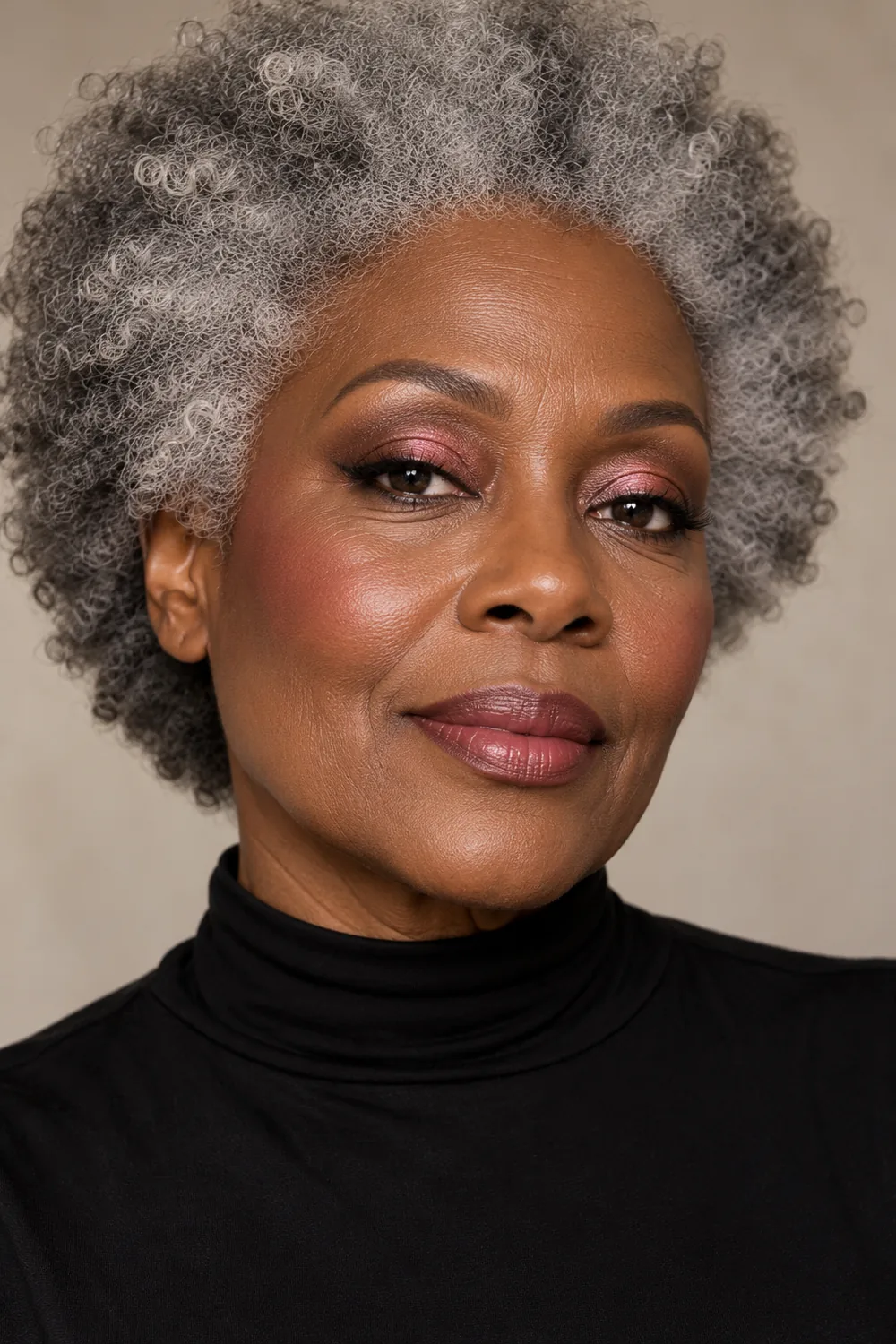 Fictional mature woman with deep brown skin and a silver afro wearing a high-neck black dress, rose center-lid shimmer, cocoa eye corners, brown kitten liner, rose blush, and rosewood lipstick.