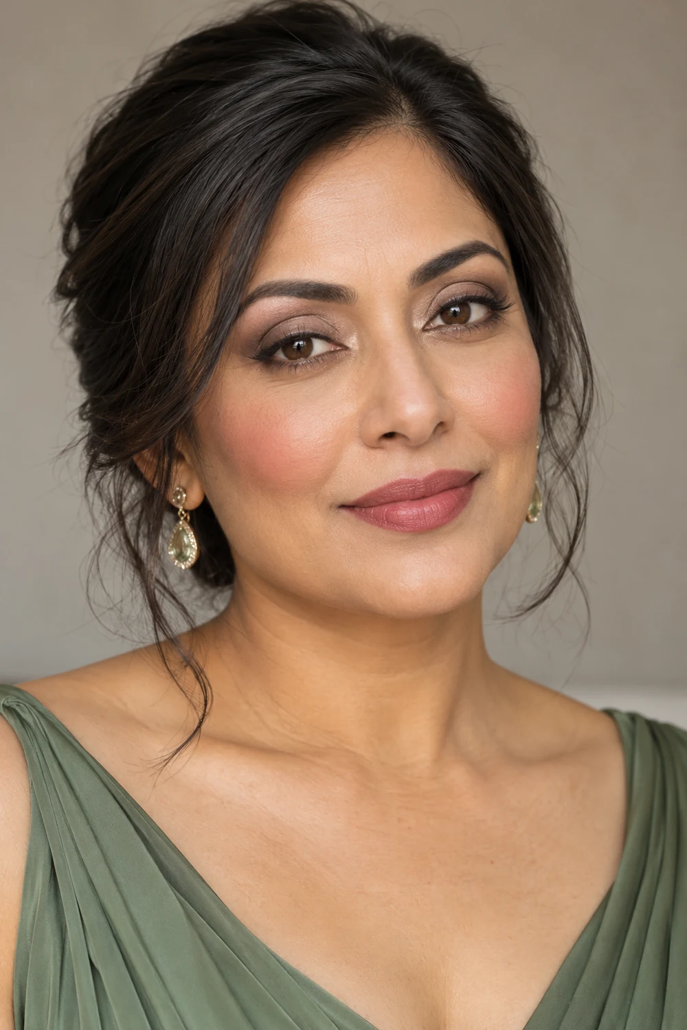 Adult South Asian woman in a sage green dress with taupe eye shadow, fine charcoal liner, muted rose blush, and rosewood satin lipstick.