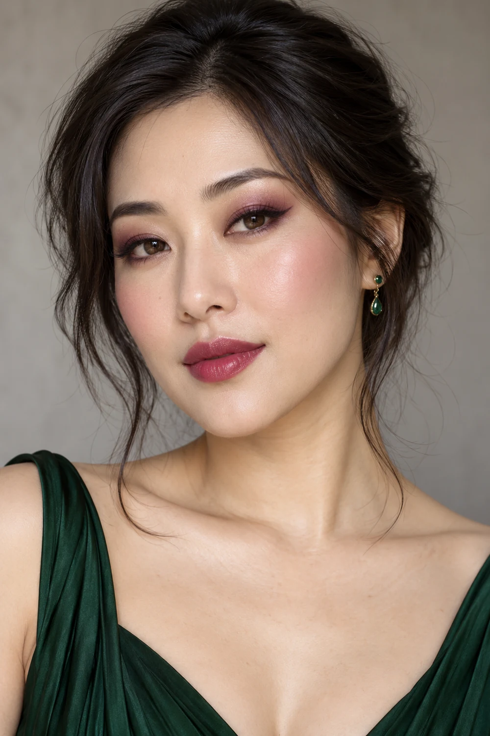 Fictional adult East Asian woman in a forest green dress with diffused plum eyeshadow, a lifted aubergine liner wing, cool rose blush, and berry lip stain.