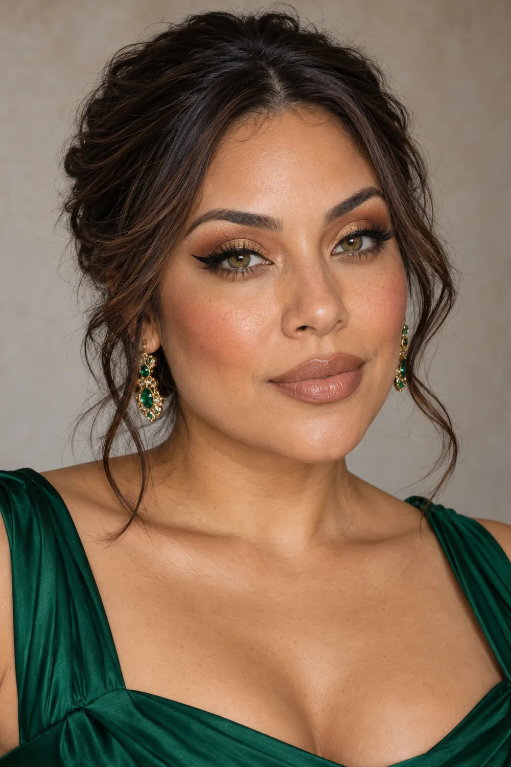 Fictional adult woman in an emerald green dress with metallic gold center-lid shadow, warm brown crease color, crisp black wing, terracotta blush, and creamy beige lipstick.