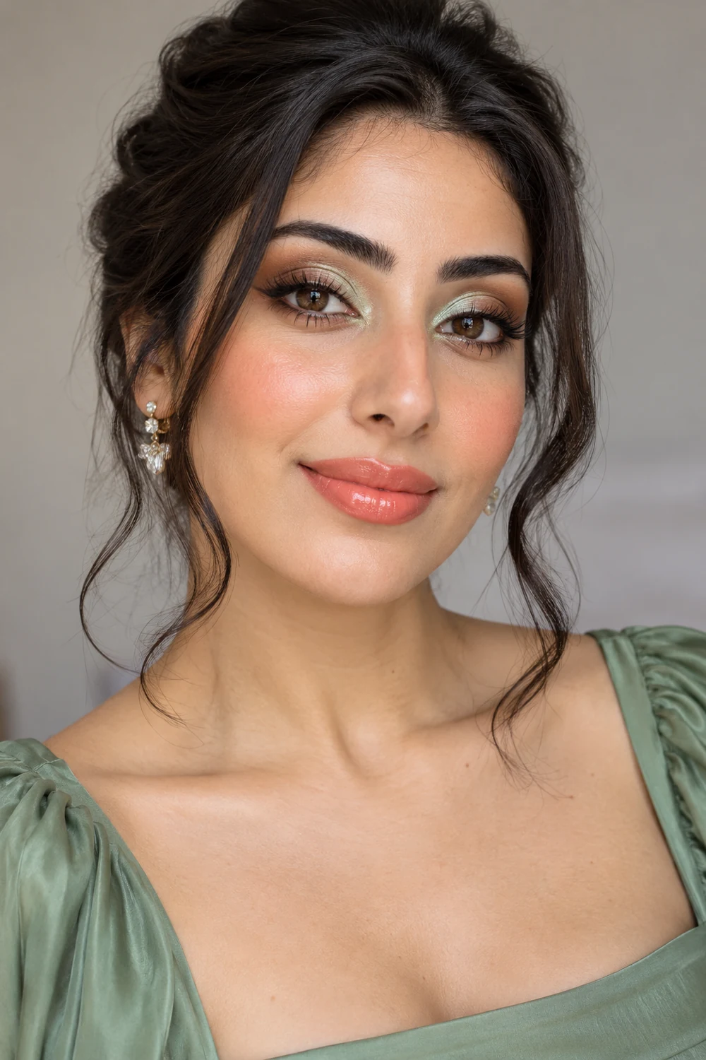 Fictional adult woman in a sage green dress with mint inner-lid shimmer, brown outer eye shading and liner, apricot blush, and glossy coral lips.