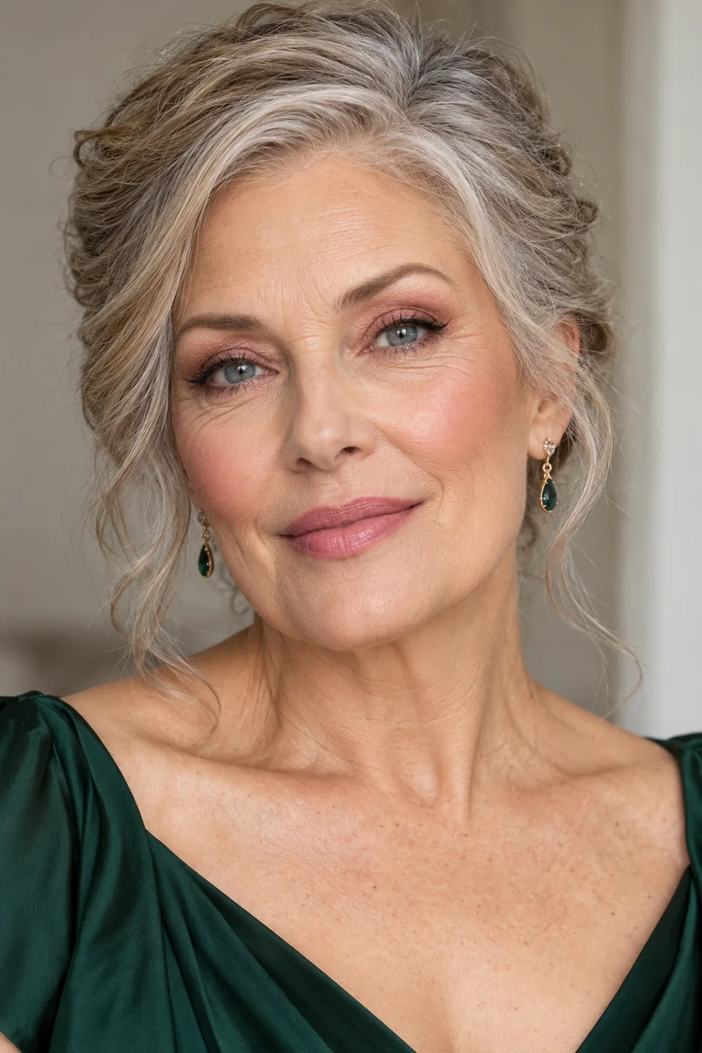 Mature woman with blue-gray eyes in a forest green dress, wearing dusty rose eyeshadow, charcoal kitten flick liner, mauve blush, and softly blurred pink lipstick.