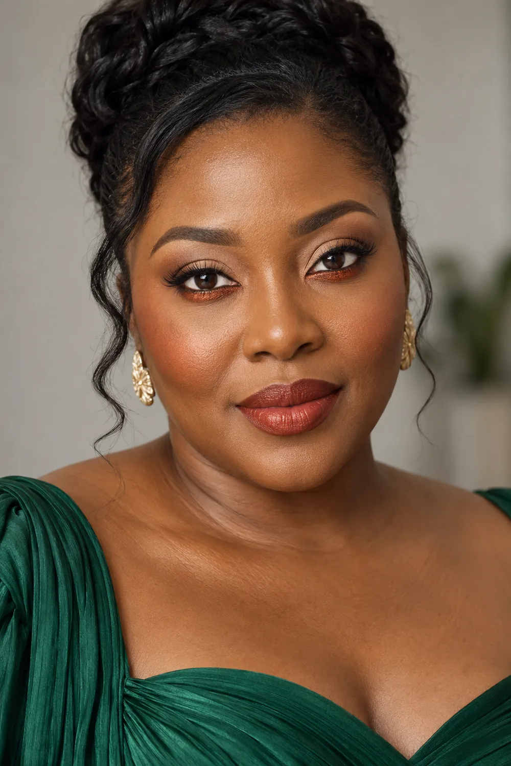 Fictional adult woman in an emerald green dress with matte nude lids, copper lower-lash shadow, brown tightline, cinnamon blush, and warm brick lipstick.