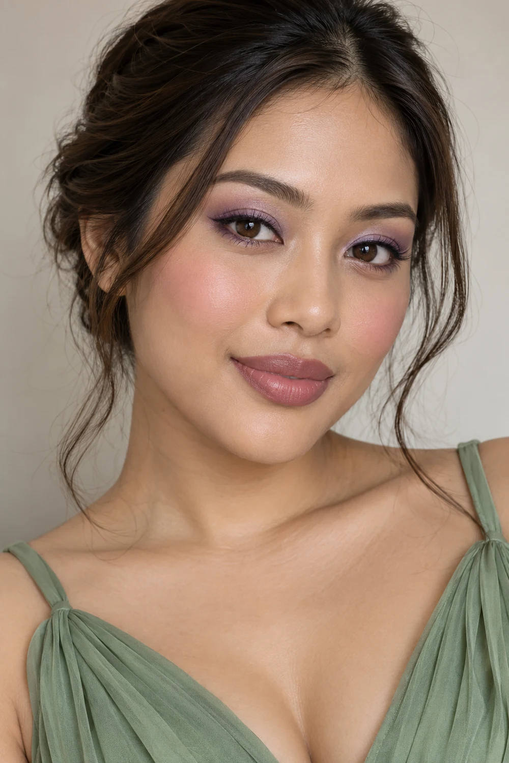 Adult woman in a sage green dress with lavender halo eyeshadow, slim plum liner, pink blush, and satin mauve lipstick.