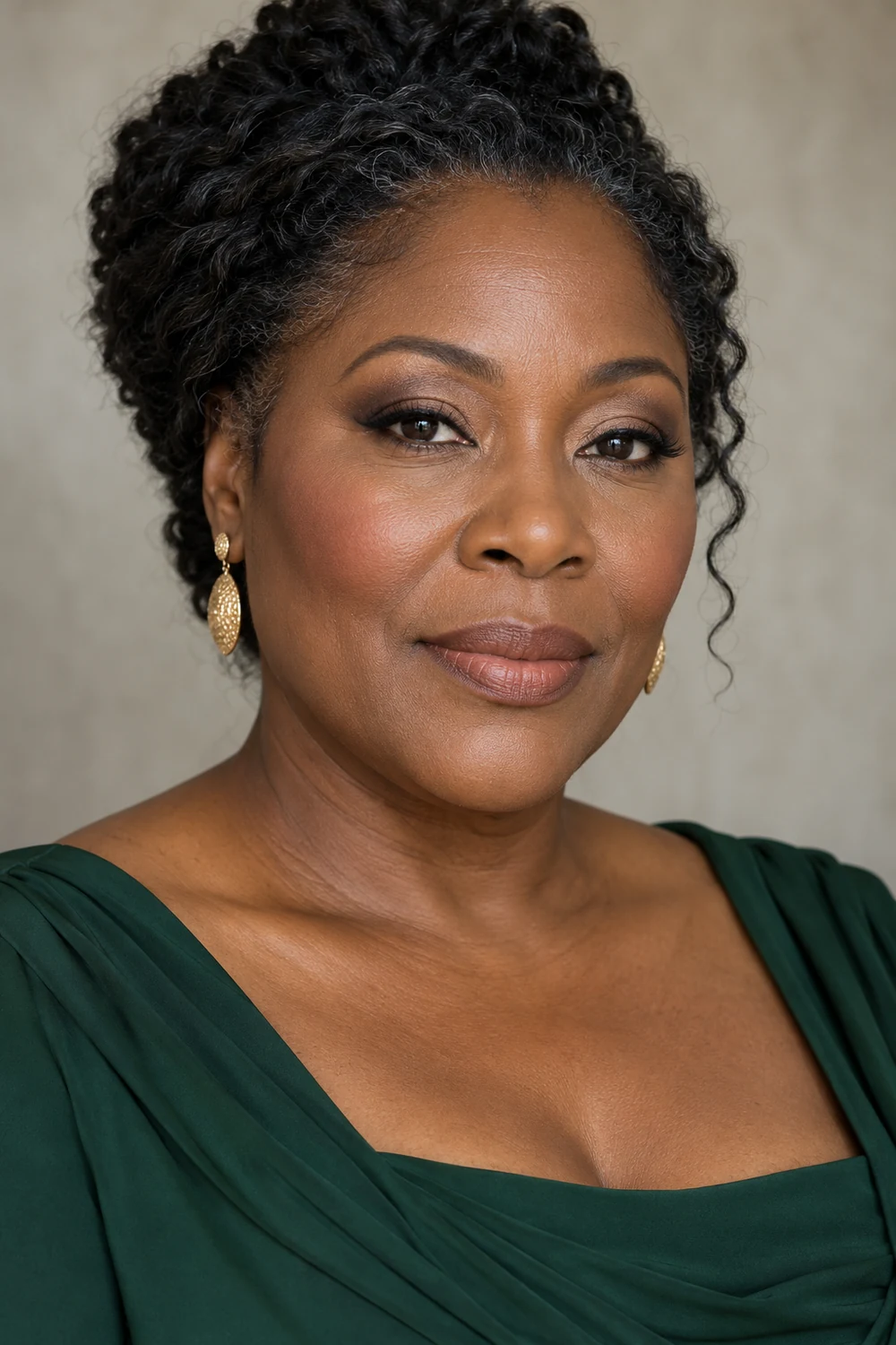 Fictional adult Black woman in a forest green dress with beige and espresso eyeshadow, fine black liner, rose blush, and muted caramel lipstick.