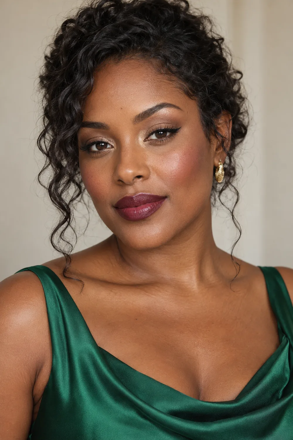 Fictional adult woman in an emerald green dress with inner-corner champagne shimmer, softly curved black liner, plum blush, and deep berry satin lipstick.