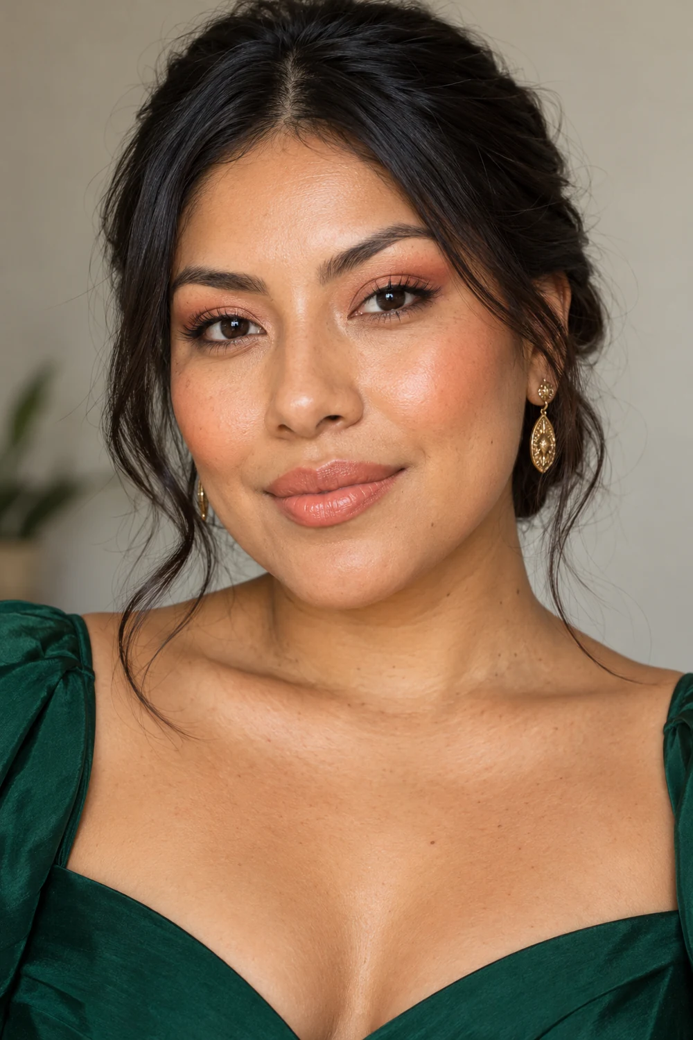 Fictional adult woman in an emerald green dress with peach eye shadow, fine bronze liner, apricot blush, and peach satin lips.
