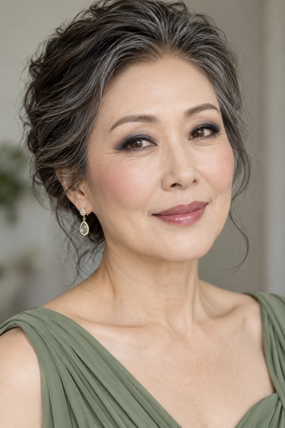 Fictional mature Korean woman in a sage green dress with a smoky navy lash band, pale taupe lid, charcoal liner, muted mauve blush, and pink balm.