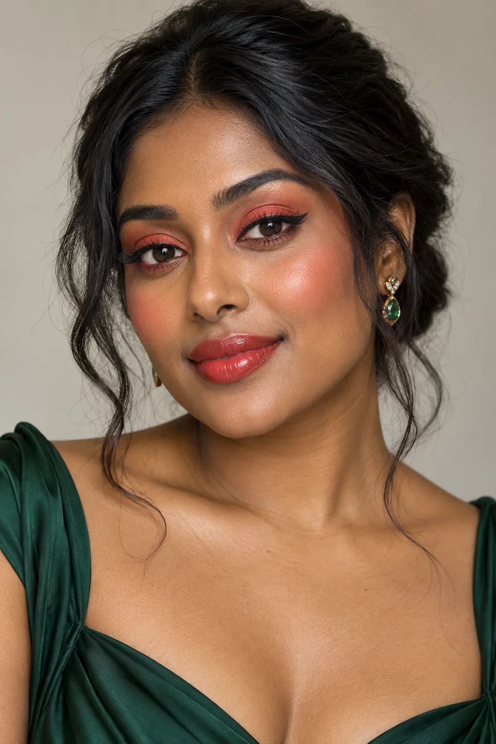 Adult South Asian woman in a forest green dress, wearing vivid coral eyeshadow, softly blended coral blush, a black winged liner, and glossy warm red lipstick.