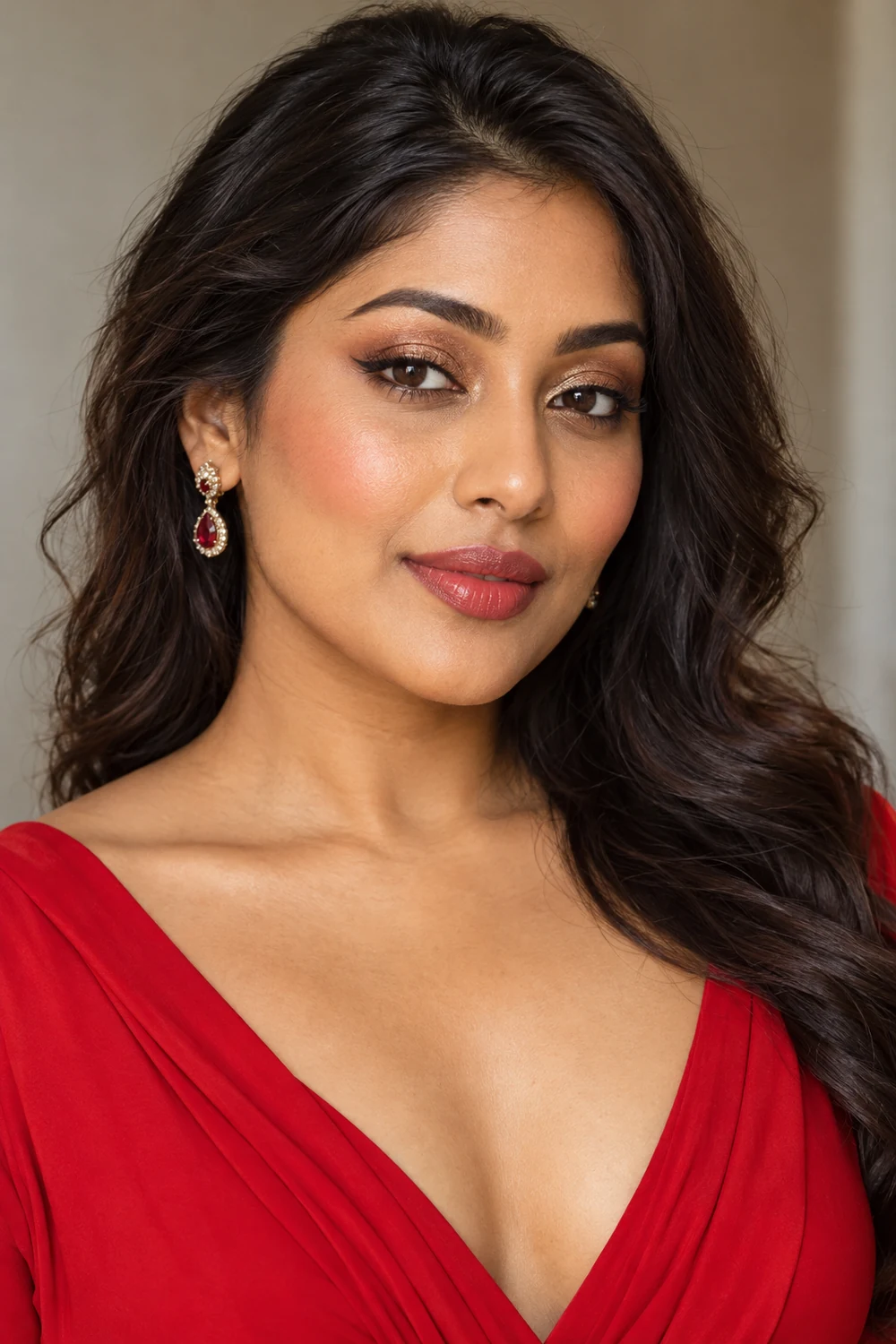 Fictional adult South Asian woman wearing a red V-neck dress, with bronze shimmer eyes, lifted brown liner, peach blush, and satin rose lips.