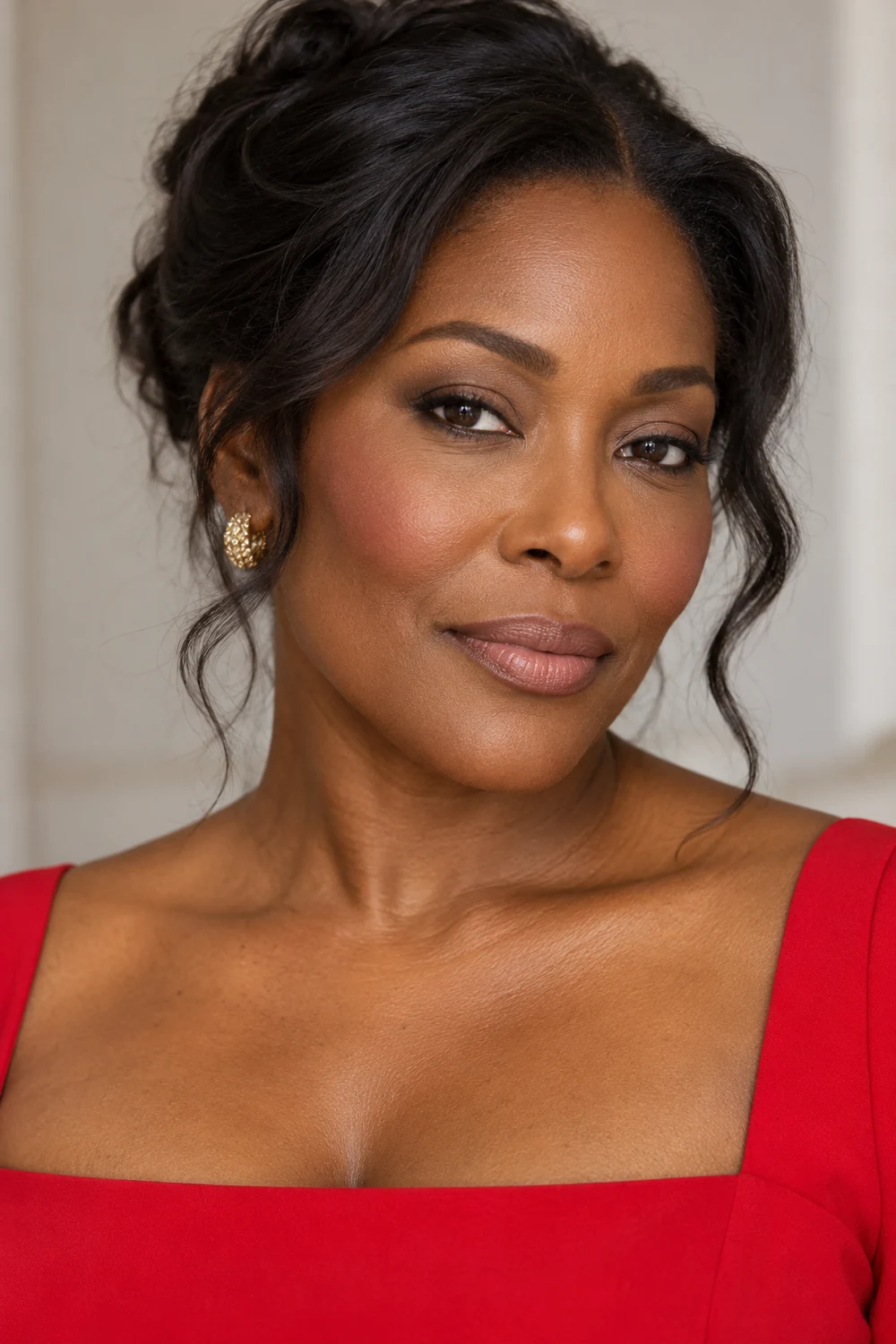 Fictional adult Black woman wearing a red square-neck dress, with taupe crease shadow, charcoal upper lash-line definition, mauve blush, and satin beige-pink lips.
