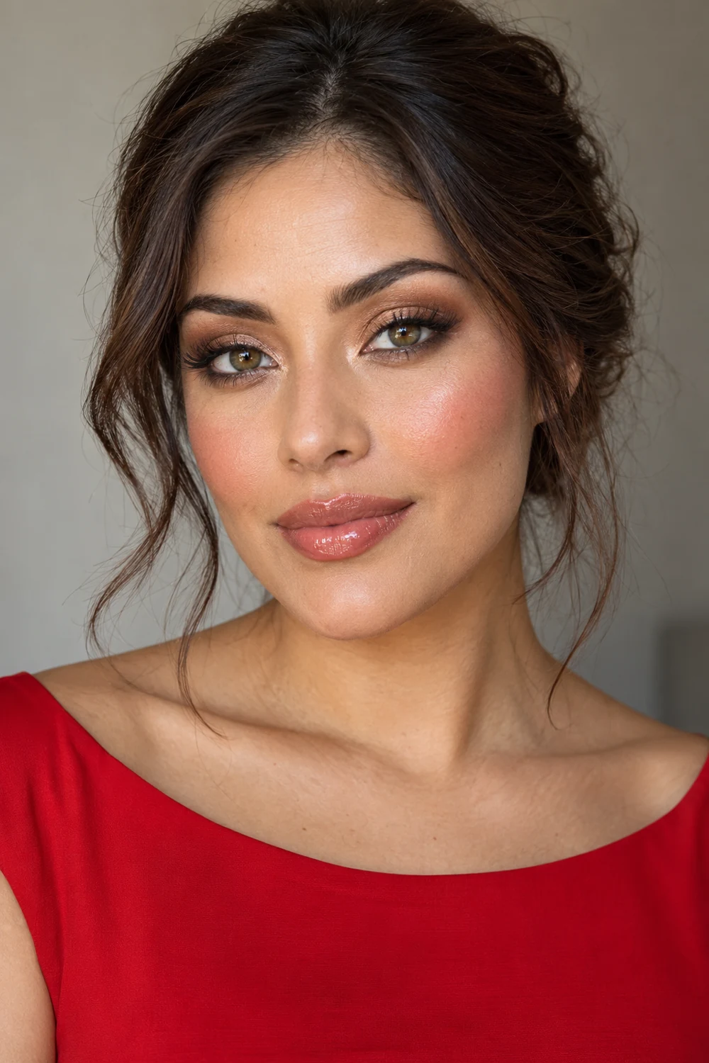 Fictional adult woman in a red boat-neck dress with champagne inner-corner shimmer, soft bronze shadow, smoky brown liner, rose-apricot blush, and glossy nude-rose lips.