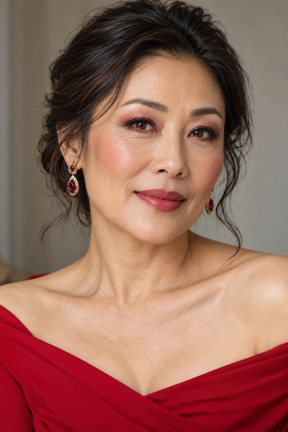 Fictional East Asian woman with dark brown eyes wearing a red off-shoulder dress, rose-brown and burgundy eye makeup, rosy cheeks, and muted berry lipstick.