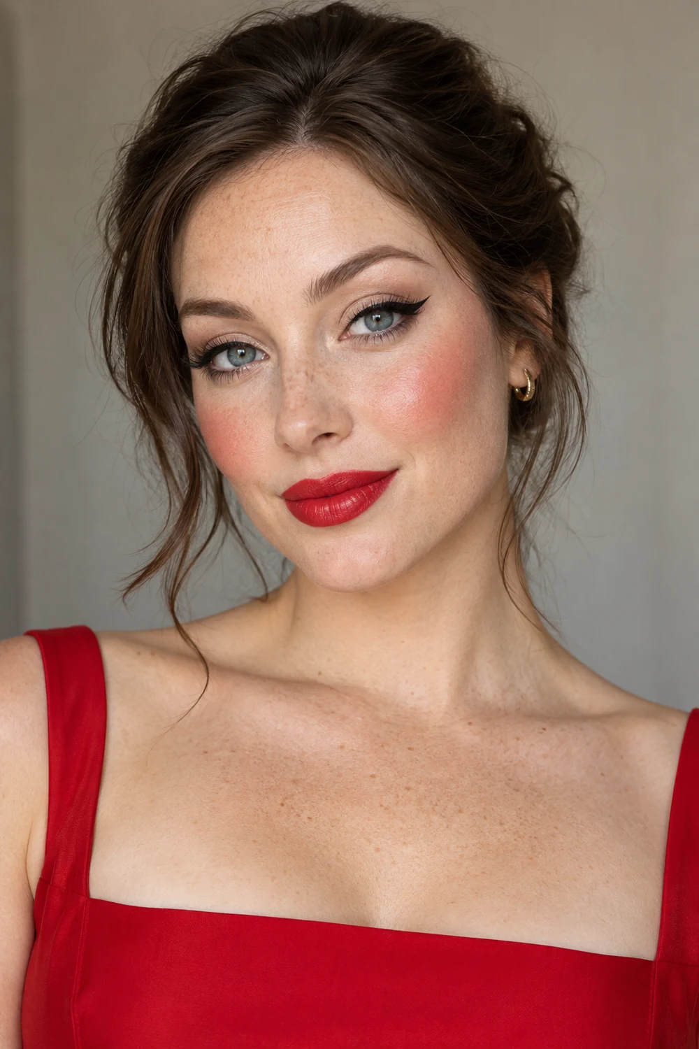 Fictional adult woman with fair freckled skin and blue-gray eyes wearing a red square-neck dress, champagne lid shadow, bold black cat-eye liner, high coral blush, and satin red lipstick.
