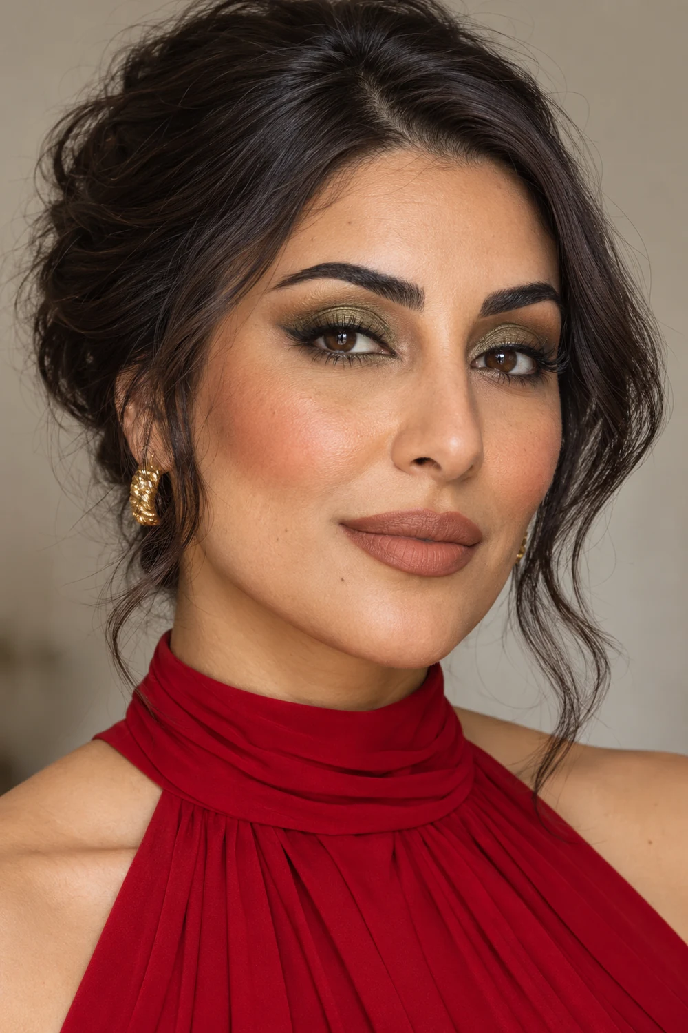 Adult woman with dark brown eyes wearing a red high-neck dress, olive shimmer eyeshadow, deep brown winged liner, terracotta blush, and matte nude lipstick.