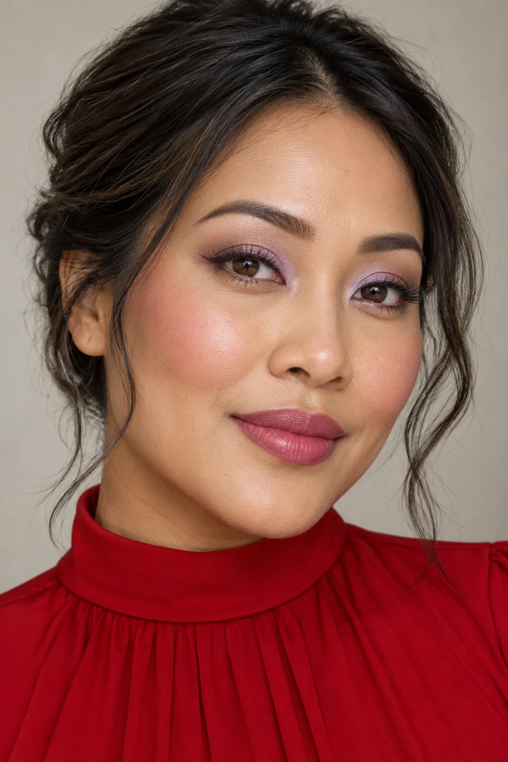 Close portrait of an adult woman in a red high-neck dress with lavender and taupe eyeshadow, plum liner, cool pink blush, and berry-pink satin lips.