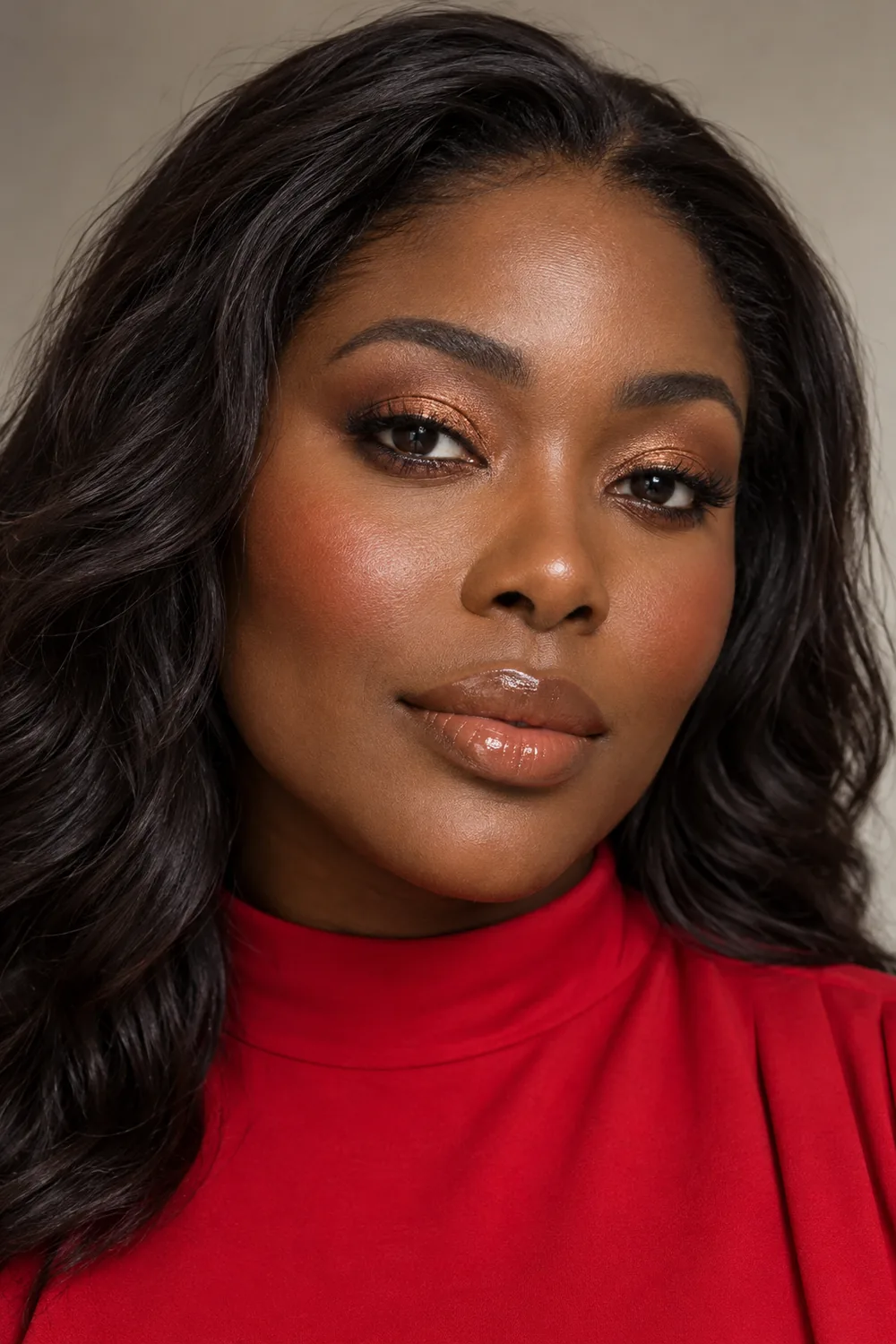 Close beauty portrait of an adult Black woman in a high-neck red dress, wearing copper eye shadow, bronze liner, cinnamon blush, and sheer caramel gloss.