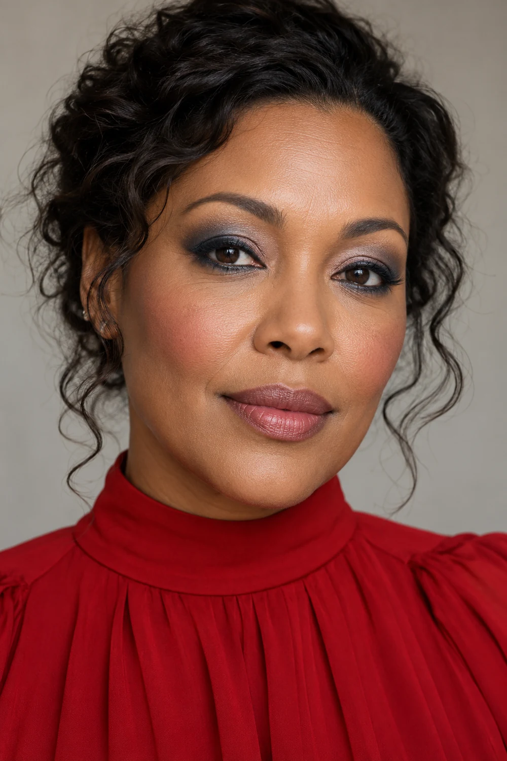 Adult woman with dark brown eyes wearing slate-blue eye shadow, navy liner, rose blush, muted pink-mauve lipstick, and a high-neck red dress.