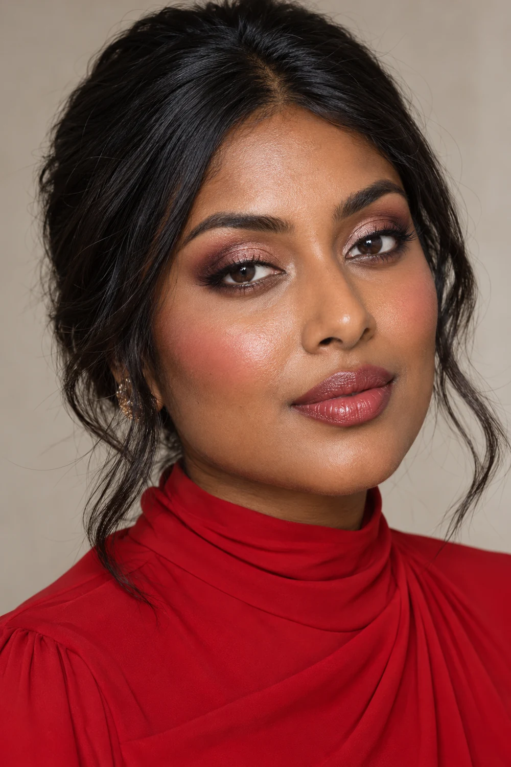 Close portrait of an adult South Asian woman wearing a high-neck red dress, rose-gold shimmer lids, rounded plum-brown crease, soft plum liner, pink blush, and rosewood lipstick.