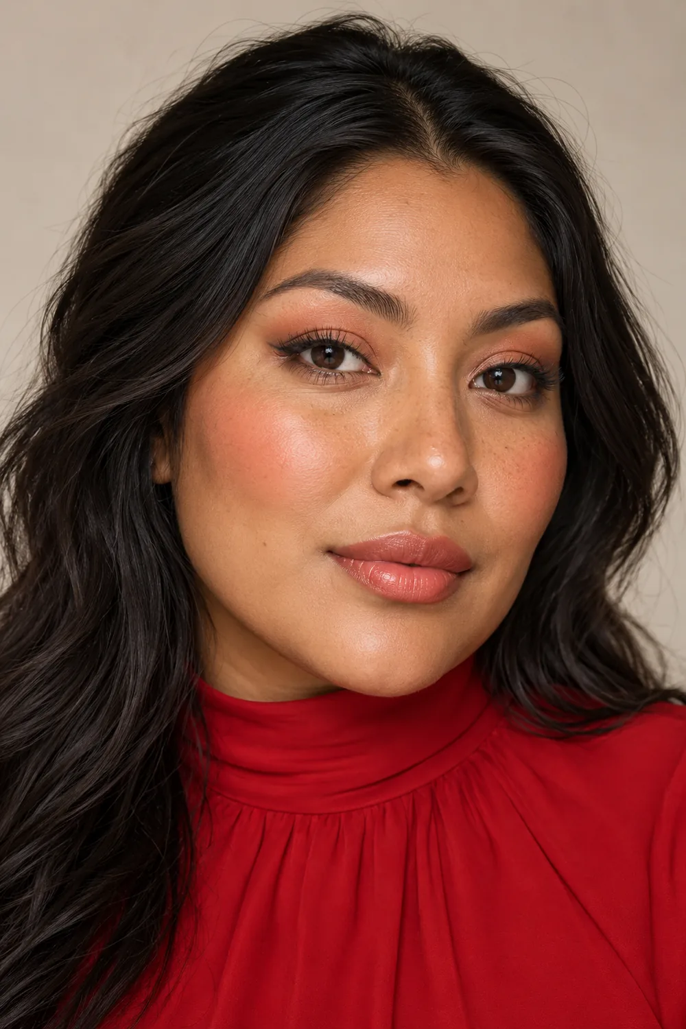 Adult Indigenous woman in a high-neck red long-sleeve dress, wearing peach eye shadow, soft brown outer-corner liner, rounded apricot blush, and sheer coral lips.