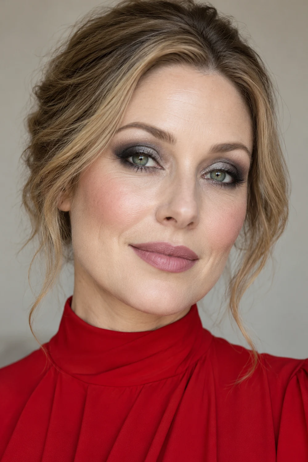 Adult woman with green eyes wearing a high neck red dress, charcoal smoky eye makeup with silver lid highlights, short black liner, rose blush, and pale mauve matte lipstick.