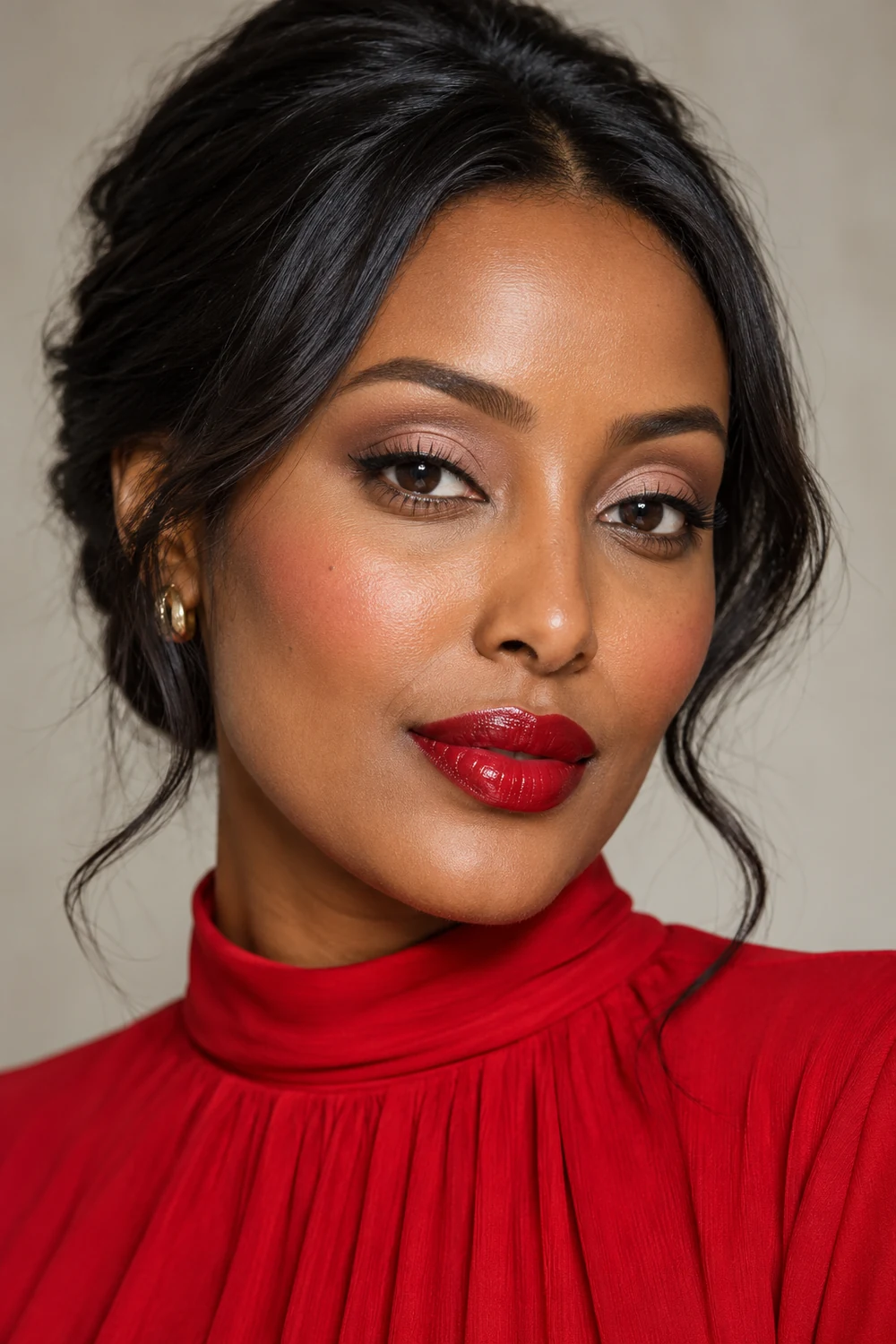 Fictional adult woman in a high-neck red dress with pale rose-beige eyeshadow, soft brown crease, fine black liner, high muted-rose blush, and glossy red lips.
