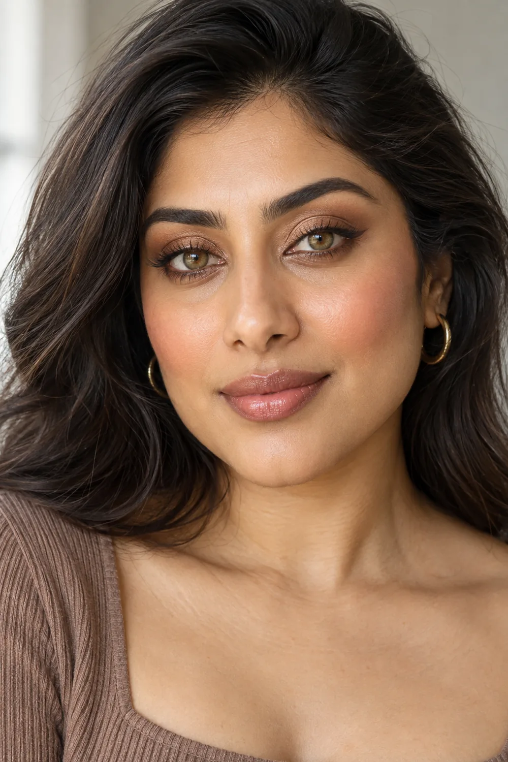 Fictional adult South Asian woman with green-brown hazel eyes, warm bronze shimmer eyeshadow, fine brown winged liner, peach blush, and a nude-rose lip.