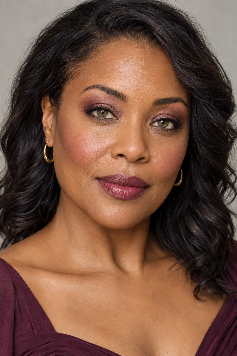 Close portrait of a fictional adult Black woman with hazel green-brown eyes, dusty mauve eyeshadow, charcoal lashline definition, cool rose blush, and muted berry lips.