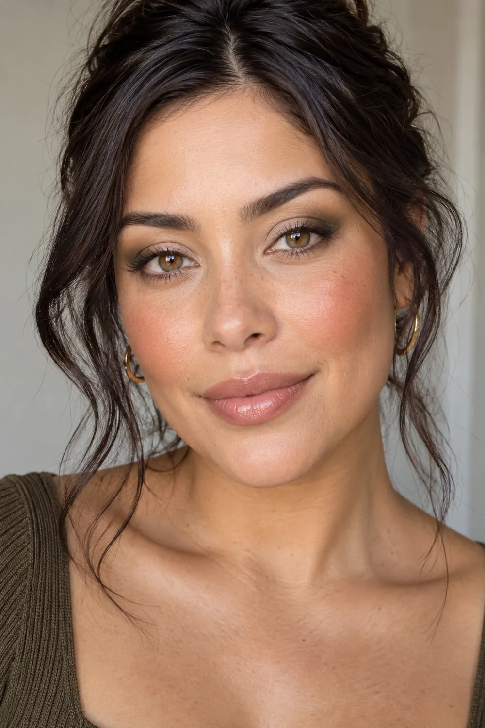 Fictional adult woman with green-brown hazel eyes, softly blended olive outer-corner shadow, subtle brown lash liner, warm blush, and glossy nude lips.