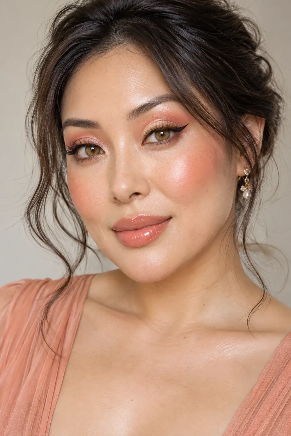 Fictional adult East Asian woman with green-brown hazel eyes, peach cut-crease shadow, champagne shimmer, black winged liner, coral blush, and glossy peach lips.