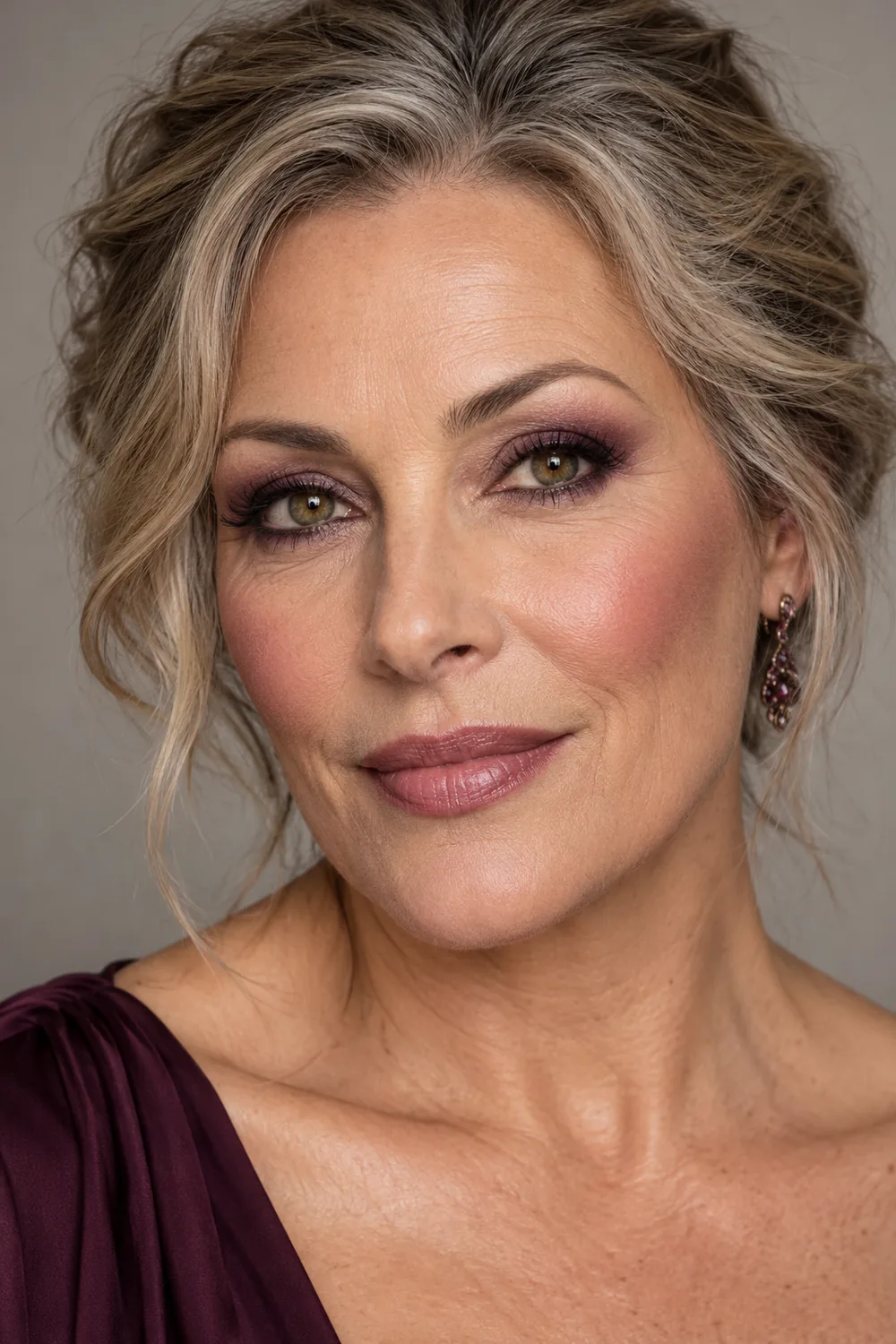 Mature adult woman with green-brown hazel eyes wearing smoky plum shadow, soft smudged liner, berry blush, and satin mauve lipstick.