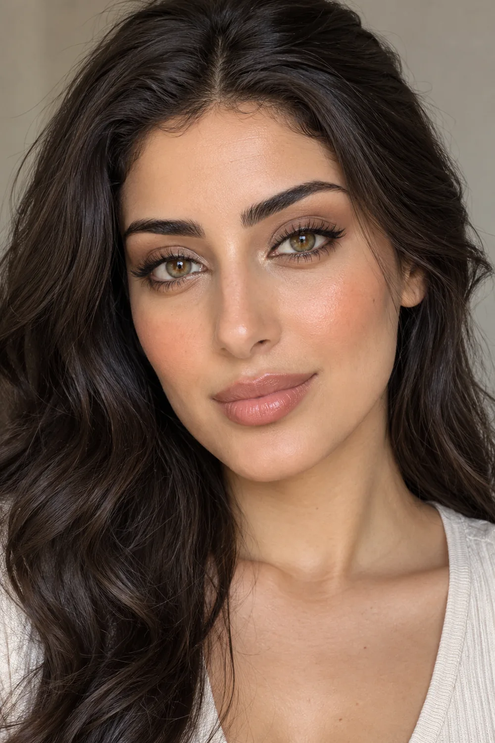Close-up portrait of an adult woman with green-brown hazel eyes, taupe eyeshadow, champagne inner-corner highlights, espresso liner, apricot blush, and pink-nude lipstick.