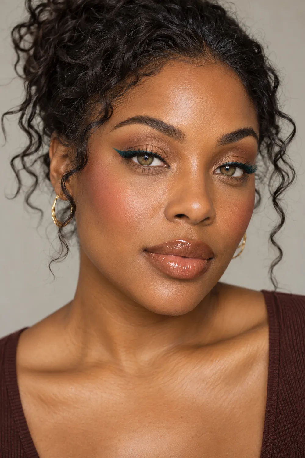 Close beauty portrait of a Black woman with hazel eyes, muted bronze eyeshadow, vivid teal winged upper liner, rosewood blush, and sheer caramel gloss.
