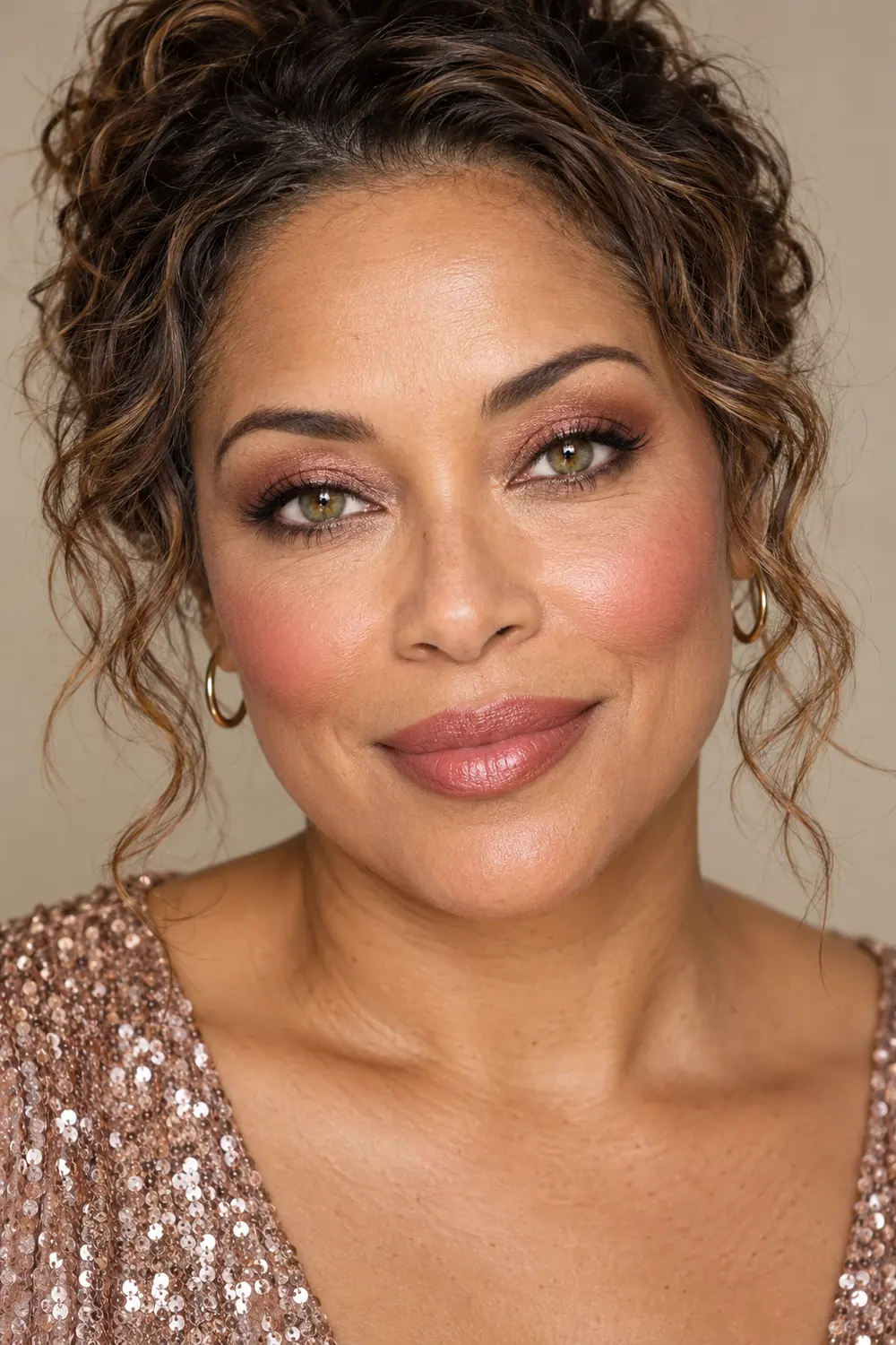 Fictional adult woman with green-brown hazel eyes wearing rose-gold halo eyeshadow with a cocoa center, soft brown liner, pink blush, and satin rose lipstick.