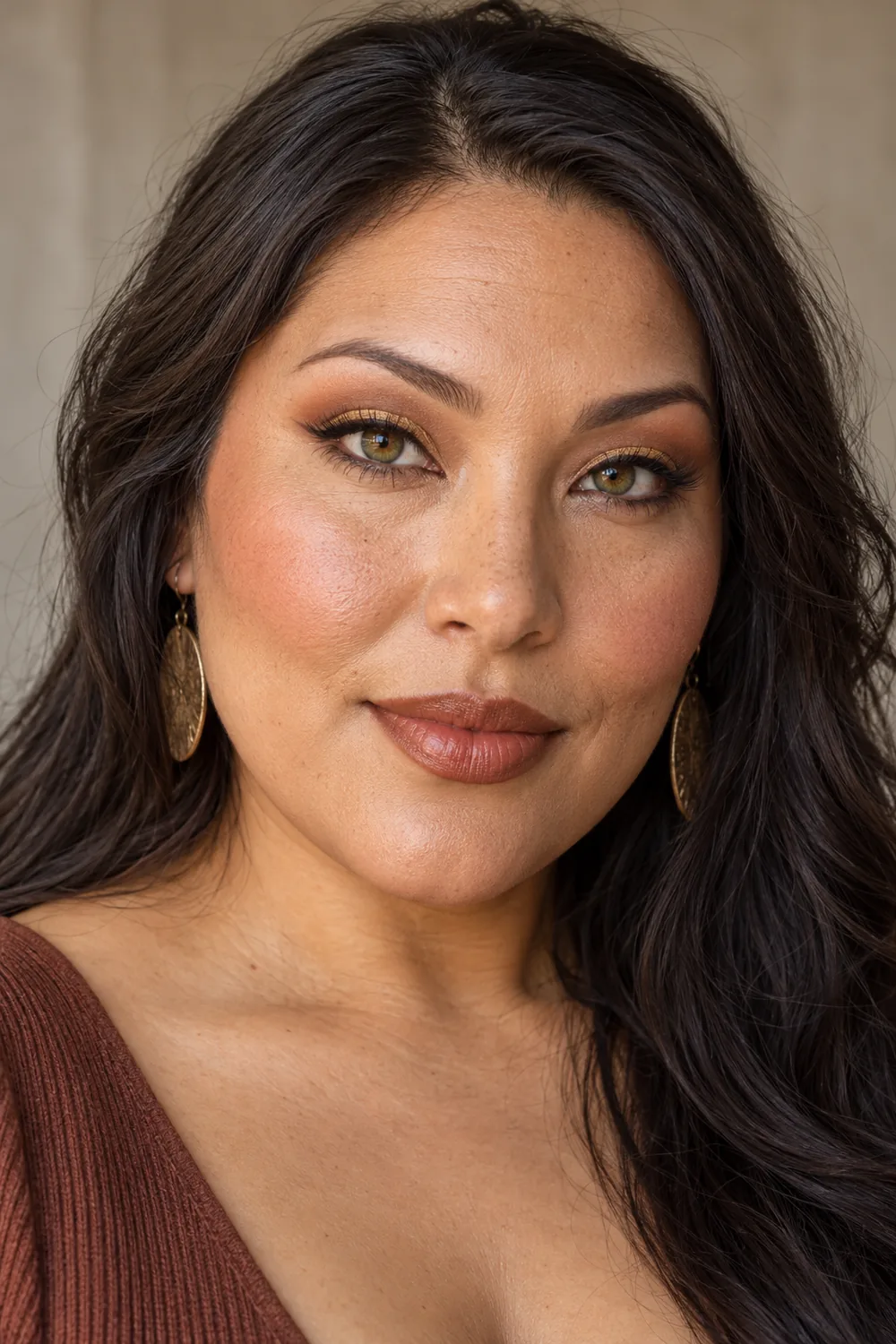 Close portrait of an adult woman with green-brown hazel eyes, caramel crease shadow, gold shimmer at the upper lashes, rounded brown liner, rose blush, and satin cinnamon lipstick.