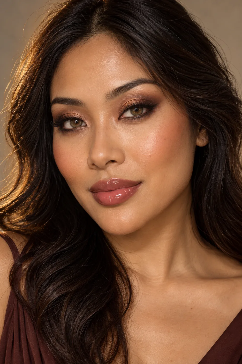 Close-up portrait of an adult woman with hazel eyes, copper shimmer shadow, espresso outer corners, smudged black liner, peach blush, and deep rose gloss.