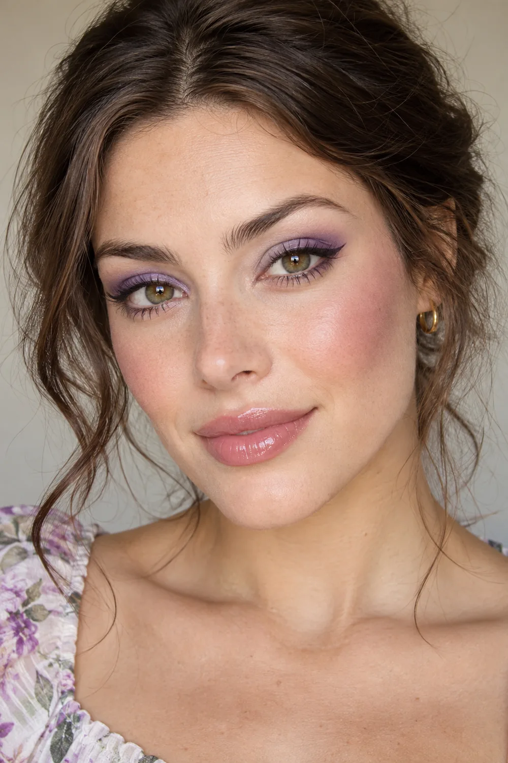 Close beauty portrait of an adult woman with green-brown hazel eyes, rounded lavender shadow, violet outer accents, charcoal flick liner, plum blush, and clear-pink gloss.