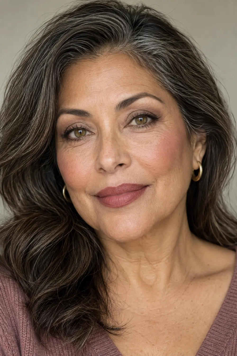Portrait of a mature woman with green-brown hazel eyes, taupe eyeshadow, a gray-brown crease, fine extended espresso liner, muted mauve blush, and dusty-rose lipstick.
