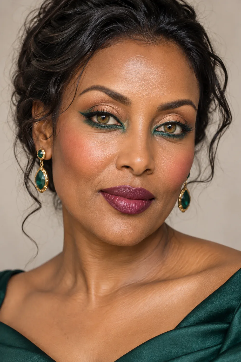 Beauty portrait of an adult East African woman with green-brown hazel eyes, emerald inner-corner and lower-lash accents, warm beige lids, angular green liner, apricot-rose blush, and satin plum lipstick.