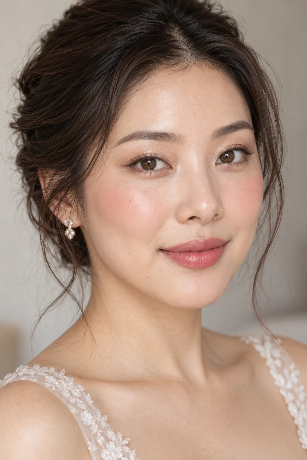 Photorealistic portrait of an adult East Asian woman in bridal-inspired attire, wearing champagne shimmer eyeshadow, fine warm-brown lash-line definition, high muted rose blush, and a medium rose satin-finish lip.