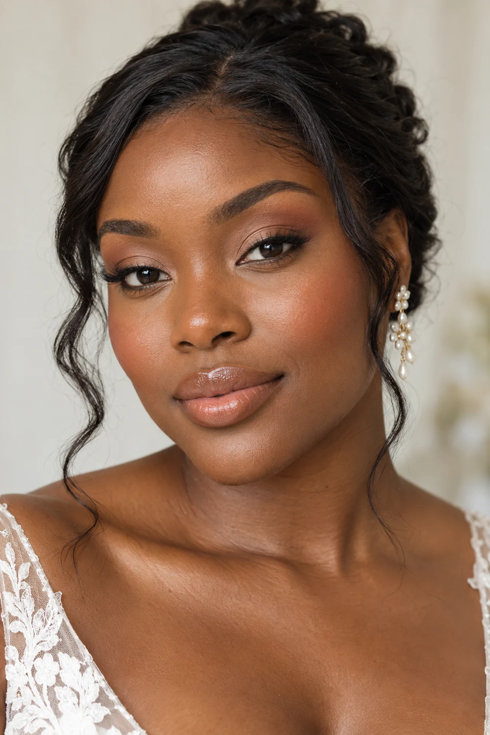 Fictional adult Black woman in a bridal-inspired portrait with peach crease shadow, soft espresso liner, apricot blush, and a glossy caramel nude lip.