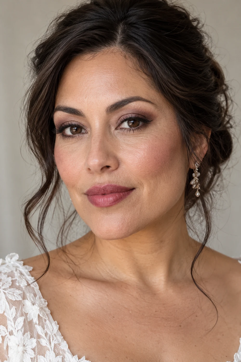 Fictional adult woman in a lace neckline with taupe outer-corner shadow, fine brown liner, mauve blush, and a softly defined berry lip.