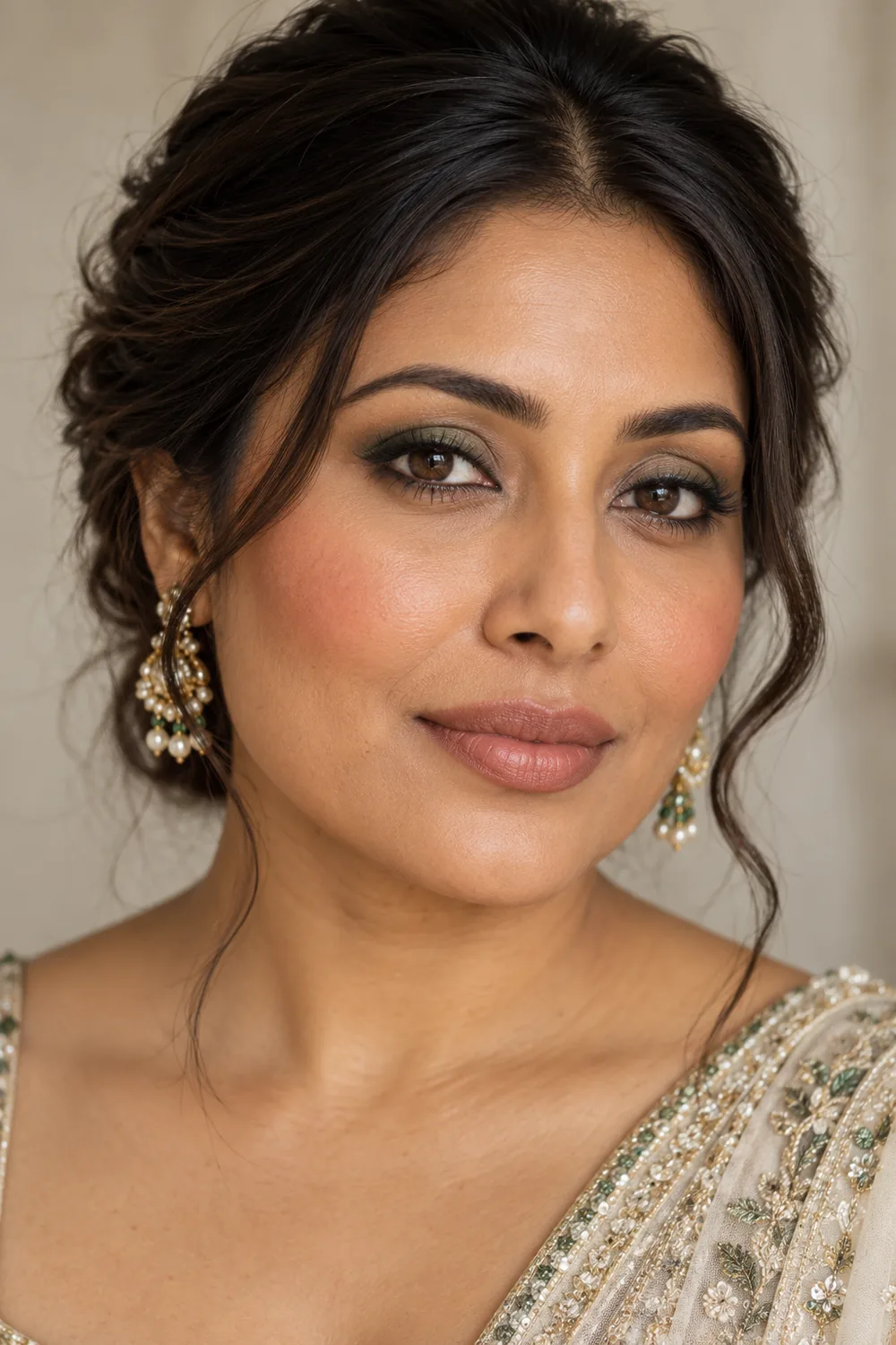 Fictional adult South Asian woman wearing muted olive eye shadow, close dark lash liner, diffused terracotta blush, and creamy nude rose lipstick.