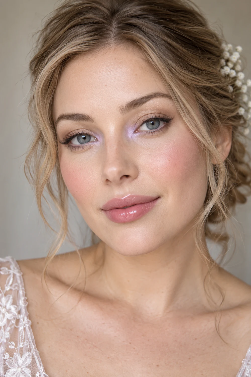 Fictional adult woman with gray-blue eyes, pale lilac inner-corner highlight, brown upper-lash liner, cool pink blush, and glossy petal-pink lips, wearing a floral hair accent and lace neckline.