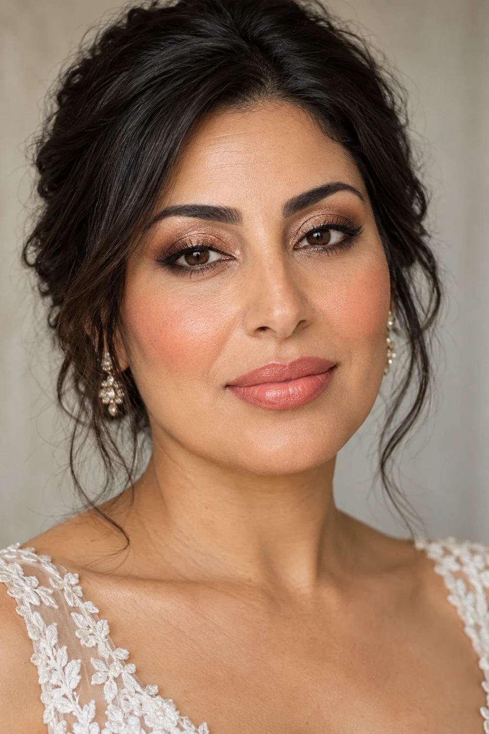 Adult woman in bridal-inspired makeup with bronze center-lid shimmer, a fine brown lash line, coral blush, and satin coral lips.
