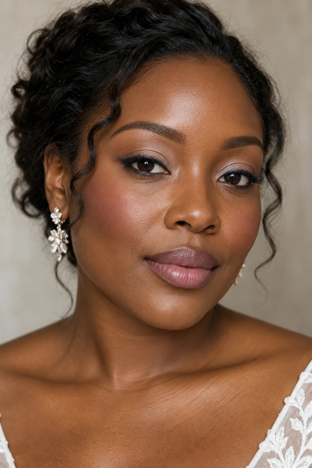 Close vertical portrait of a fictional adult Black woman with pale stone eyeshadow, slim navy upper lash definition, dusty mauve blush, and a satin mauve lip.