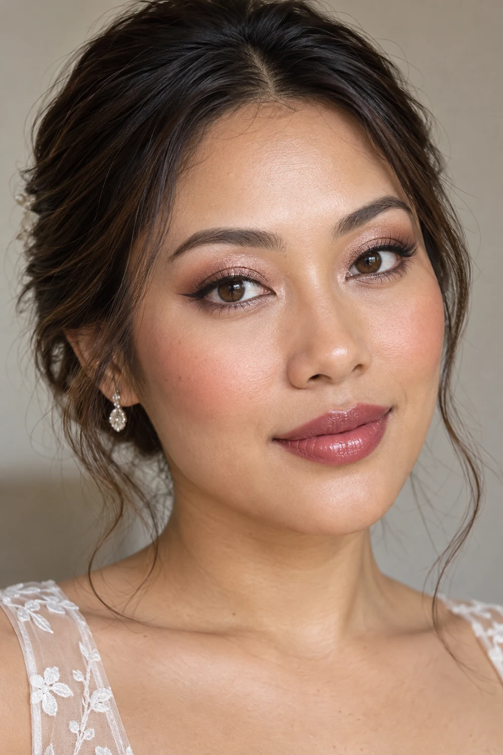 Fictional adult Southeast Asian woman in a close beauty portrait with inner-lid rose-gold shimmer, soft brown shadow and short brown wings, rose-peach blush, and glossy sheer plum lips.